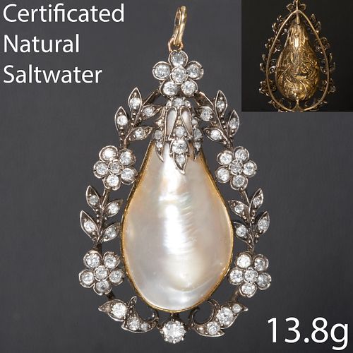 MAGNIFICENT NATURAL SALTWATER PEARL AND DIAMOND PENDANT