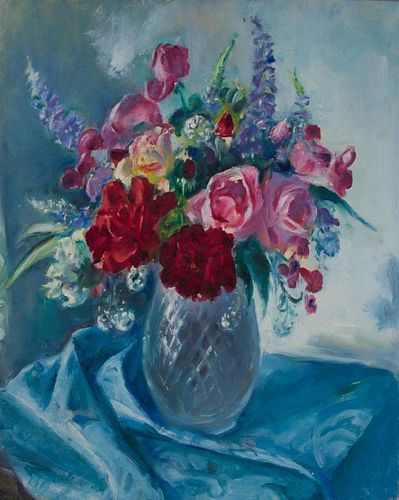 MARTHA WALTER (1875-1976): VASE OF ROSES ON A BLUE TABLECLOTH