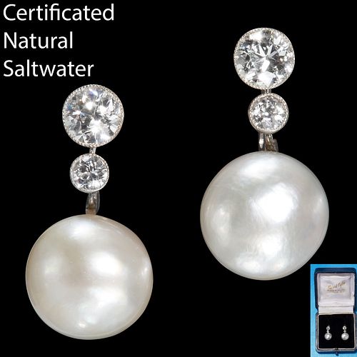 IMPORTANT PAIR OF NATURAL SALTWATER PEARL AND DIAMOND DROP EARRINGS