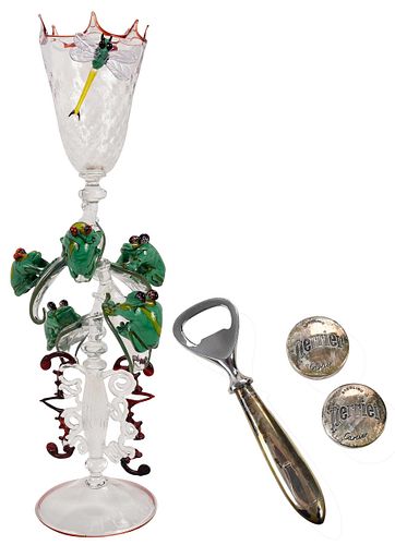 Cartier Cased Sterling Bar Set and Art Glass Goblet