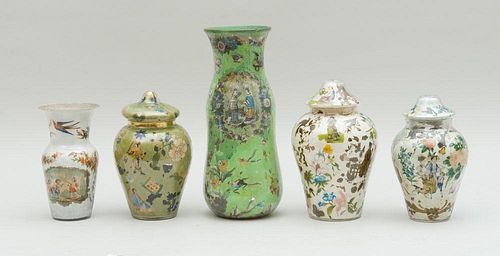 THREE CONTINENTAL DECOUPAGED URNS AND COVERS AND TWO VASES