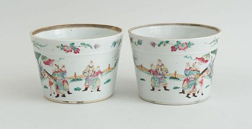 PAIR OF CHINESE FAMILLE ROSE PORCELAIN FIGURAL-PAINTED CACHE POTS