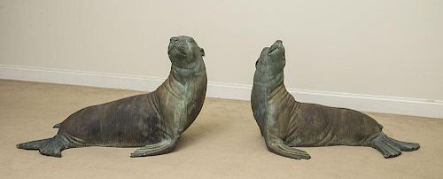 TWO CAST METAL SEA LION FOUNTAINS
