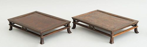 PAIR OF JAPANESE CARVED WOOD STANDS WITH BURL HARDWOOD PANELED TOPS