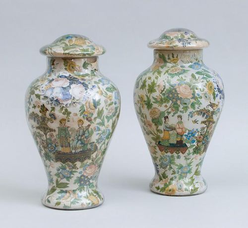 PAIR OF DECOUPAGED BALUSTER-FORM JARS AND COVERS