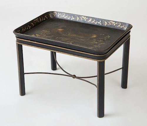VICTORIAN BLACK-PAINTED AND PARCEL-GILT PAPIER MÂCHÉ TRAY ON LATER STAND
