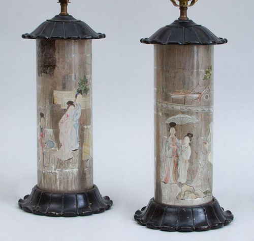 PAIR OF CHINOISERIE SILVERED-GROUND REVERSE PAINTED ON GLASS LAMPS
