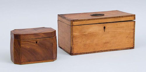 GEORGE III INLAID MAHOGANY LARGE TEA CADDY AND A SMALLER INLAID CADDY