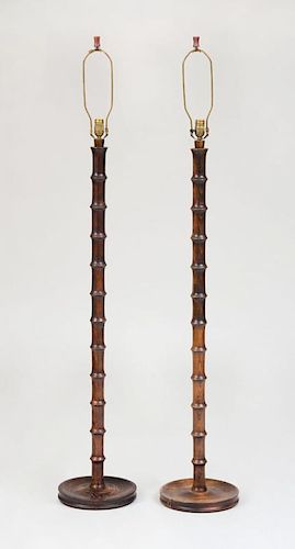 PAIR OF STAINED OAK FAUX BAMBOO FLOOR LAMPS