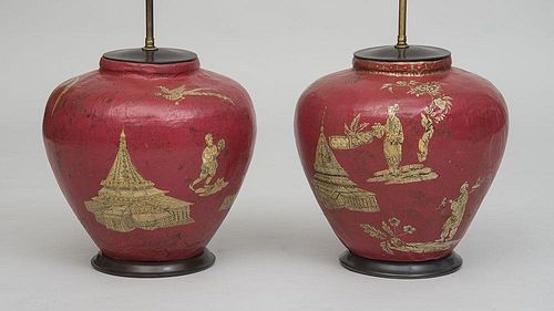 PAIR OF RED PAPIER-MÂCHÉ CHINOISERIE DECORATED LAMPS, DESIGNED BY PARISH HADLEY