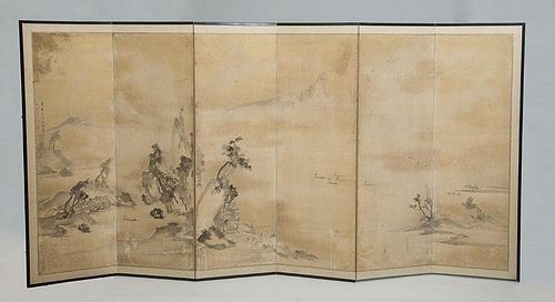 JAPANESE SIX PANEL SCREEN, BY GO SHUNMEI (1700-1781)