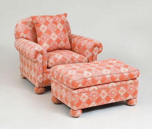 COTTON UPHOLSTERED ARMCHAIR AND MATCHING OTTOMAN