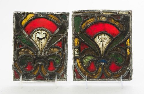 PAIR OF MEDIEVAL LEADED STAINED GLASS PANELS