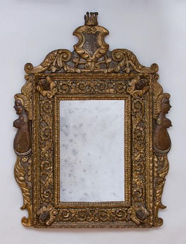 AN UNUSUAL ITALIAN BAROQUE PAINTED AND PARTIAL GILT MIRROR, ATTRIBUTED TO JACOPO SANSOVINO