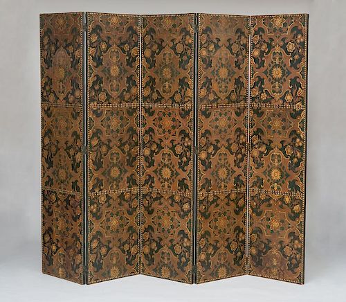 CONTINENTAL PAINTED AND PARCEL-GILT EMBOSSED LEATHER FIVE-PANEL SCREEN, POSSIBLY SPANISH
