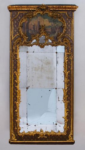 ITALIAN ROCOCO POLYCHROME PAINTED AND PARCEL-GILT TRUMEAU MIRROR