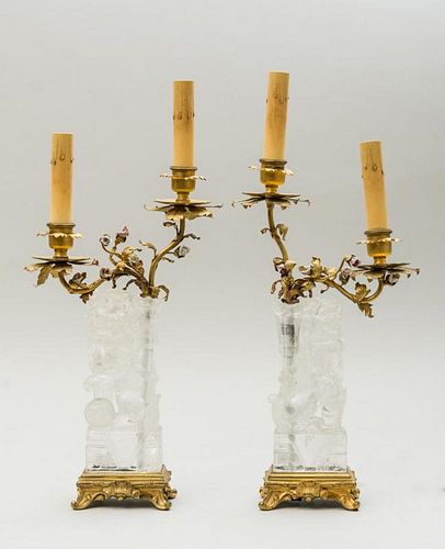 PAIR OF LOUIS XV STYLE PORCELAIN-MOUNTED GILT-BRONZE TWO-LIGHT CANDELABRA ON ROCK CRYSTAL STEMS
