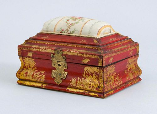 LOUIS XV RED LACQUER BOMBÉ-FORM SEWING BOX