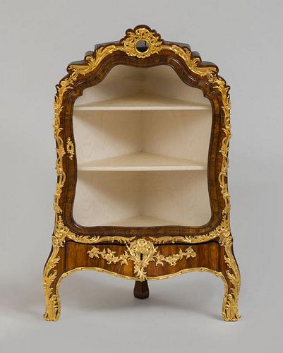 LOUIS XV STYLE ORMOLU-MOUNTED KINGWOOD AND WALNUT MARQUETRY SMALL CORNER CABINET