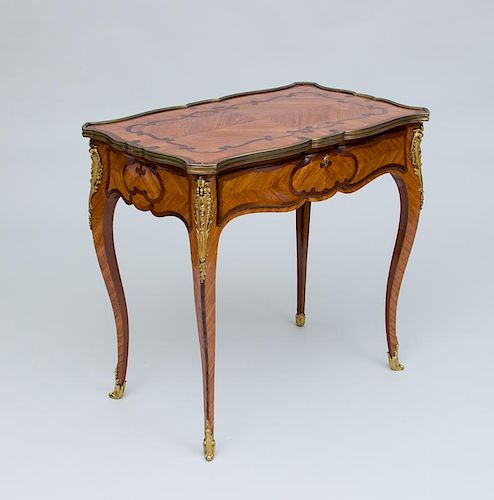 LOUIS XV STYLE GILT-BRONZE-MOUNTED TULIPWOOD AND AMARANTH MARQUETRY CENTER TABLE