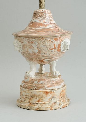 CONTINENTAL NEOCLASSICAL MARBELIZED POTTERY TRIPOD URN AND COVER, MOUNTED AS A LAMP
