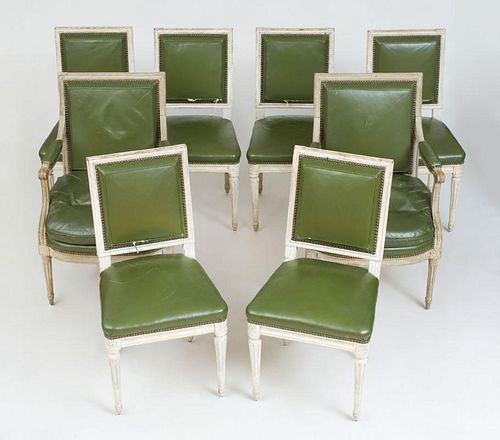 ASSEMBLED SET OF EIGHT LOUIS XVI STYLE PAINTED DINING CHAIRS
