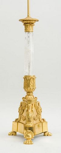 EMPIRE STYLE ORMOLU-MOUNTED ROCK CRYSTAL COLUMN-FORM CANDLESTICK, MOUNTED AS A LAMP