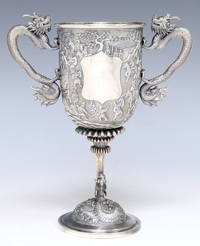 CHINESE EXPORT SILVER DRAGON-HANDLED TROPHY CUP