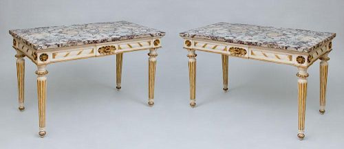 PAIR OF ITALIAN PAINTED AND PARCEL-GILT CONSOLE TABLES
