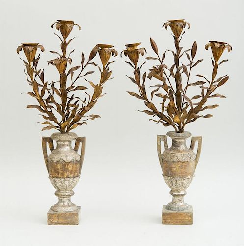 PAIR OF ITALIAN NEOCLASSICAL CARVED, GREY-PAINTED AND PART SILVERED WOOD TWO-HANDLED URNS