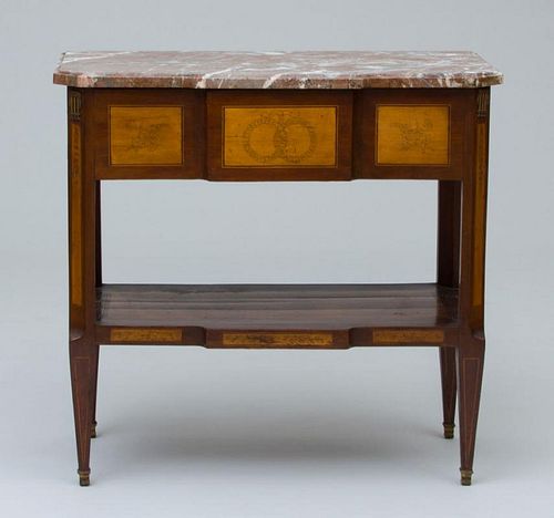 DUTCH NEOCLASSICAL GILT-METAL-MOUNTED MAHOGANY, FRUITWOOD AND PENWORK CONSOLE