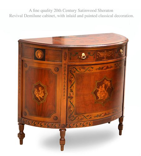 A Fine Quality 20th C. Satinwood Sheraton Revival Demilune Inlaid & Painted Cabinet