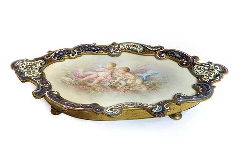 Fine Champleve Enamel Bronze Sevres Tray, CARLE Signed
