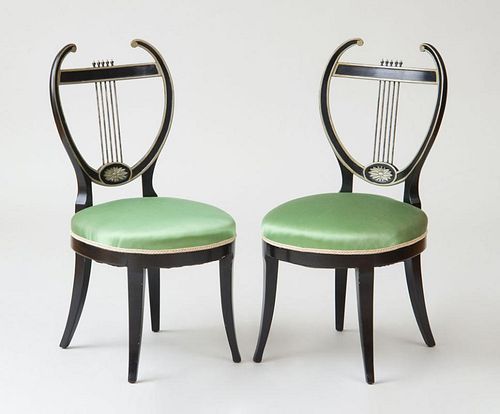 PAIR OF BIEDERMEIER STYLE EBONIZED, SILVER-GILT AND METAL SIDE CHAIRS