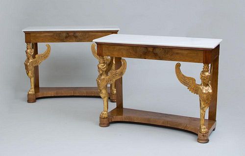 PAIR OF ITALIAN NEOCLASSICAL WALNUT AND PARCEL-GILT CONSOLE TABLES