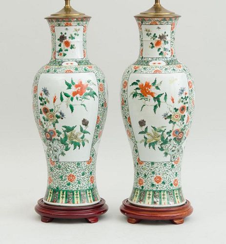 PAIR OF CHINESE FAMILLE ROSE PORCELAIN BALUSTER-FORM VASES, MOUNTED AS LAMPS