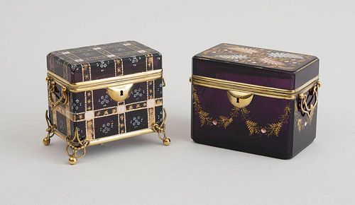 TWO FRENCH GILT-METAL MOUNTED AND ENAMEL-DECORATED AMETHYST GLASS BOXES