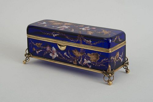 FRENCH GILT-METAL-MOUNTED AND ENAMEL-DECORATED COBALT GLASS GLOVE BOX