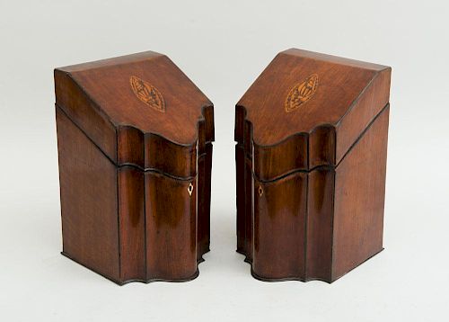 PAIR OF GEORGE III INLAID MAHOGANY CUTLERY BOXES AND A SINGLE CUTLERY BOX