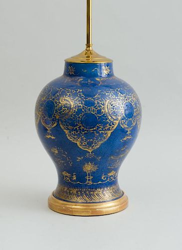 CHINESE BLUE-GROUND PORCELAIN BALUSTER-FORM VASE, MOUNTED AS A LAMP