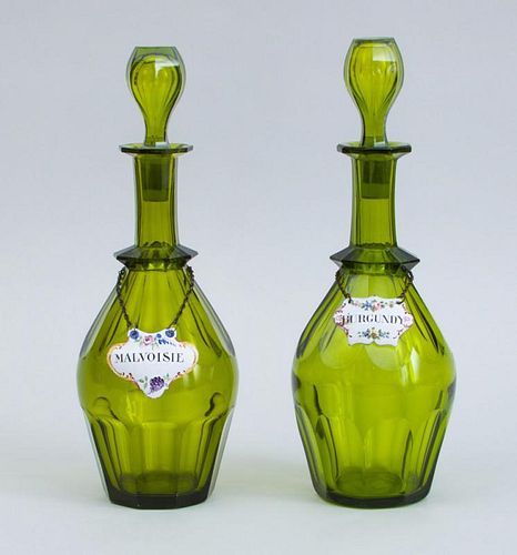 PAIR OF ENGLISH CUT GREEN-GLASS DECANTERS AND STOPPERS