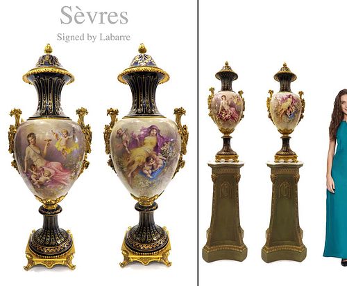 A PAIR OF 19TH C. BRONZE SEVRES LIDDED VASES, SIGNED