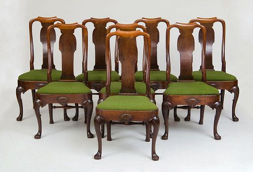 SET OF EIGHT GEORGE I CARVED MAHOGANY SIDE CHAIRS