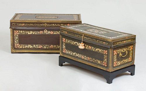 TWO CHINESE EXPORT METAL-MOUNTED PAINTED PIG SKIN TRUNKS