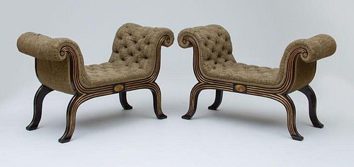 PAIR OF REGENCY STYLE PAINTED AND PARCEL-GILT STOOLS, 20TH CENTURY