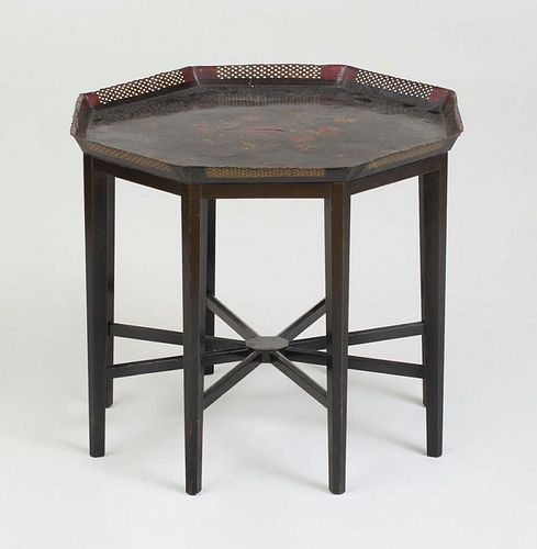 ENGLISH PONTYPOOL BLACK PAINTED TÔLE OCTAGONAL TRAY ON LATER STAND
