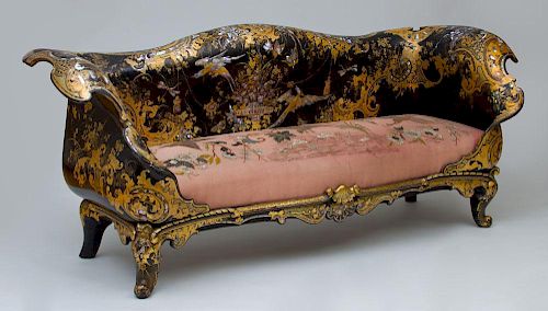 FINE VICTORIAN PARCEL-GILT AND MOTHER-OF-PEARL INLAID PAPIER-MÂCHÉ SETTEE, STAMPED JENNENS AND BETTRIDGE