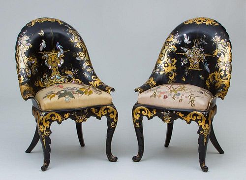 PAIR OF FINE VICTORIAN BLACK LACQUER, PARCEL-GILT AND MOTHER-OF-PEARL INLAID PAPIER-MÂCHÉ SLIPPER CHAIRS, STAMPED