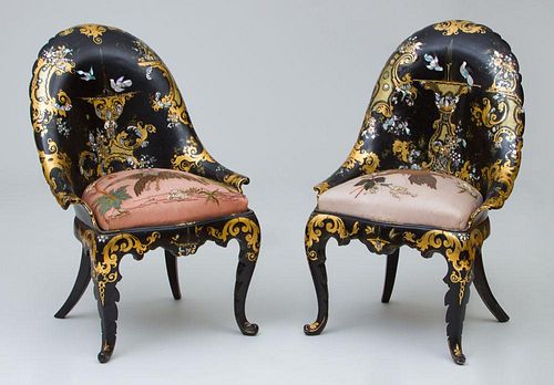 PAIR OF FINE VICTORIAN BLACK LACQUER, PARCEL-GILT AND MOTHER-OF-PEARL INLAID PAPIER-MÂCHÉ SLIPPER CHAIRS, STAMPED JENNINGS 