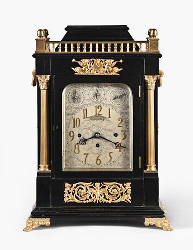 Attributed to J.J. Elliott, neoclassical ebonized quarter chiming English bracket clock